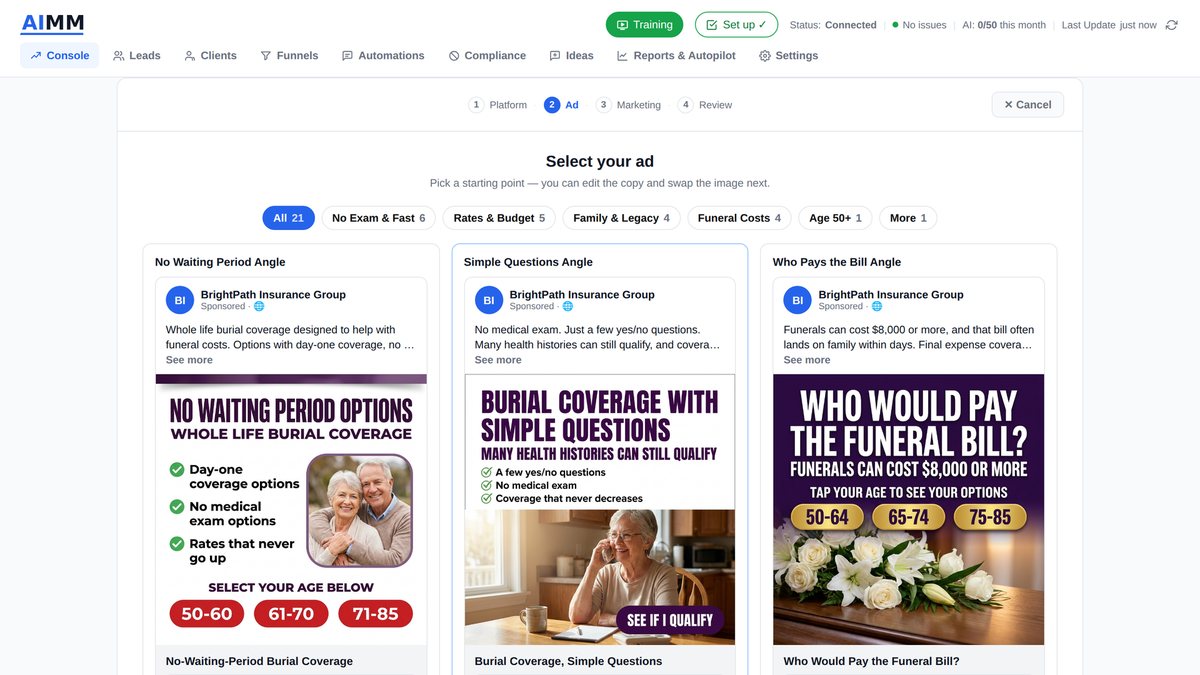 Choosing a ready-made ad: Facebook ad previews with headline, image and button