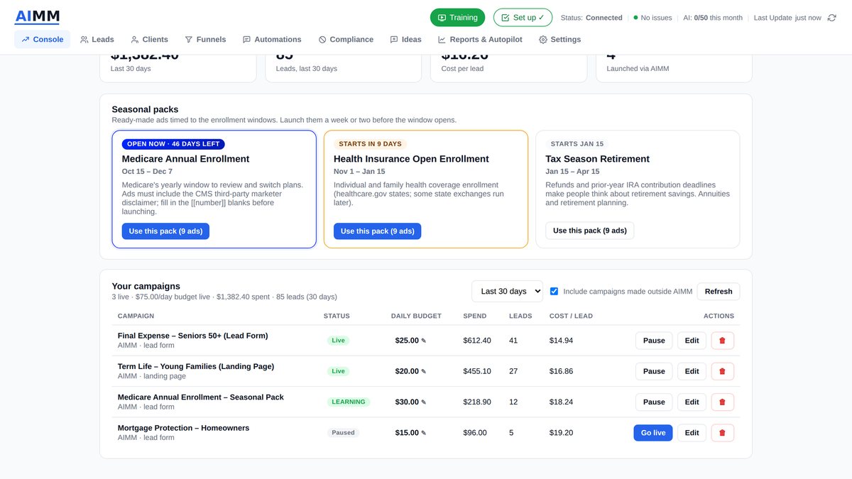Console showing ad spend, leads and cost per lead, plus a table of campaigns