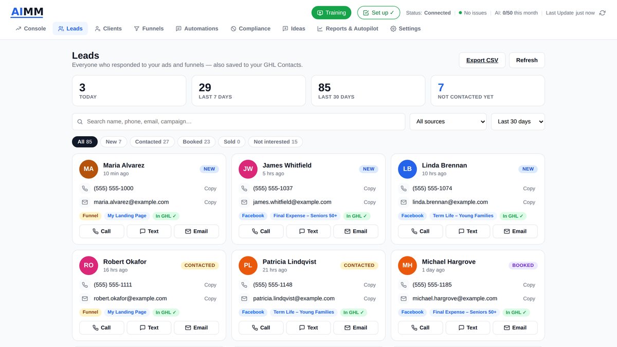 The Leads screen: new leads with name, phone, email, source and one-tap Call, Text and Email buttons